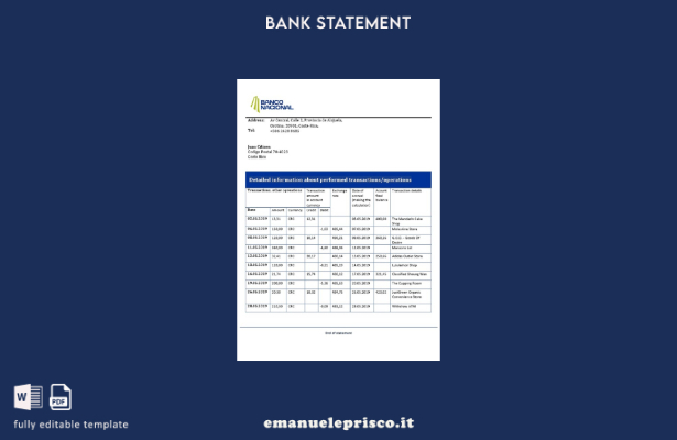 modello word di estratto conto bancario Costa Rica Banco Nacional de Costa Rica 